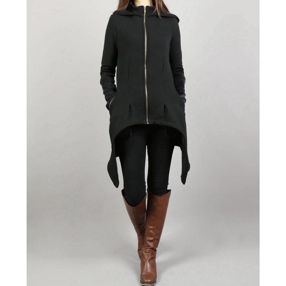 Black Long Jacket Zip Removable Hood Pockets Solid Long Sleeve s/m boutique Lux